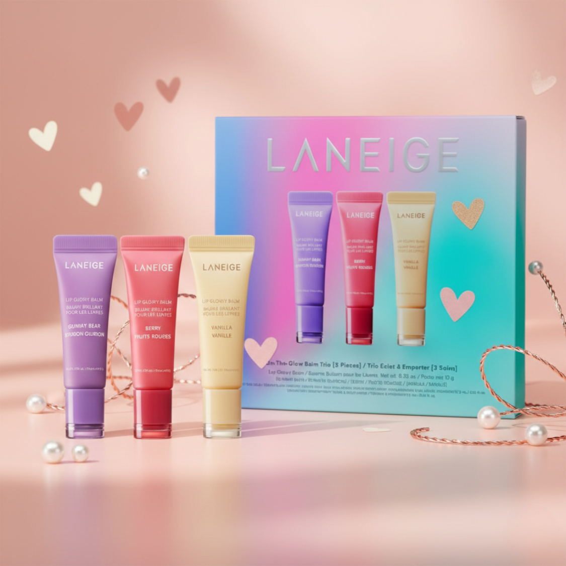 Laneige skincare product set with heart decorations on a pink background