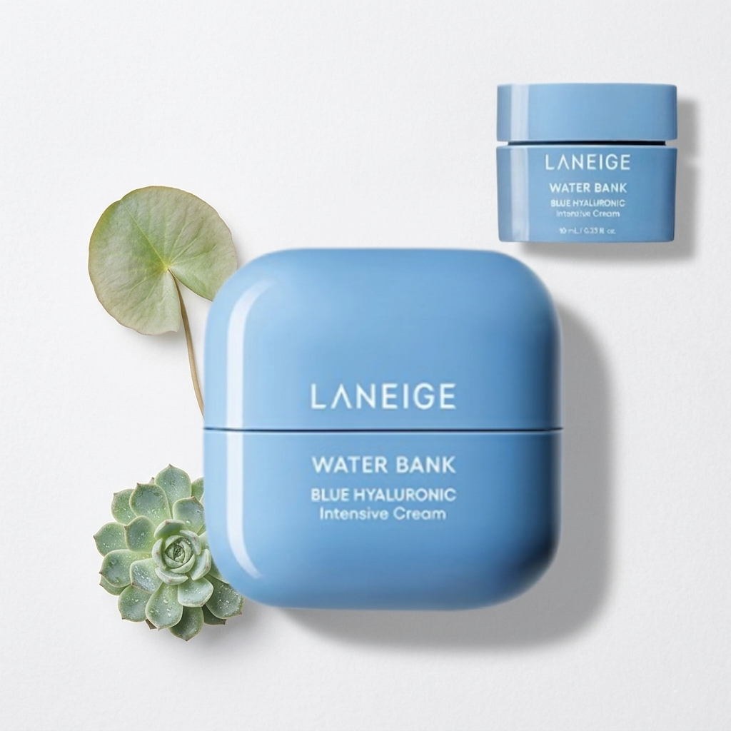 LANEIGE Water Bank Blue Hyaluronic Intensive Cream on a white background with green leaves.