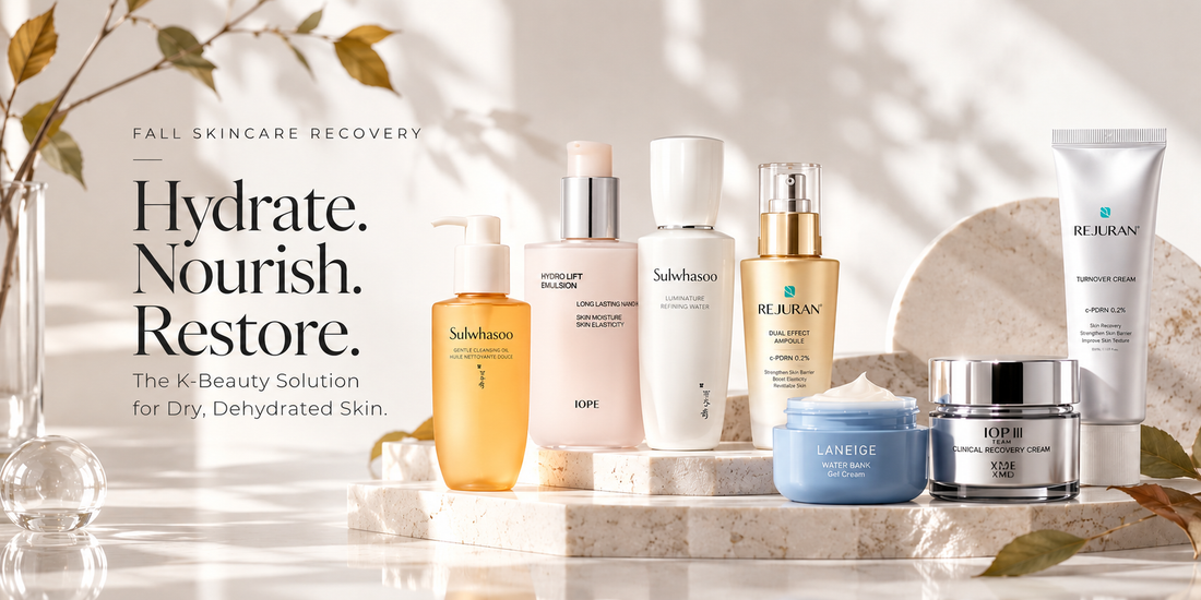 Korean fall skincare routine for dry dehydrated skin featuring REJURAN, Sulwhasoo, and IOPE moisturizers from K-Beauty Blossom