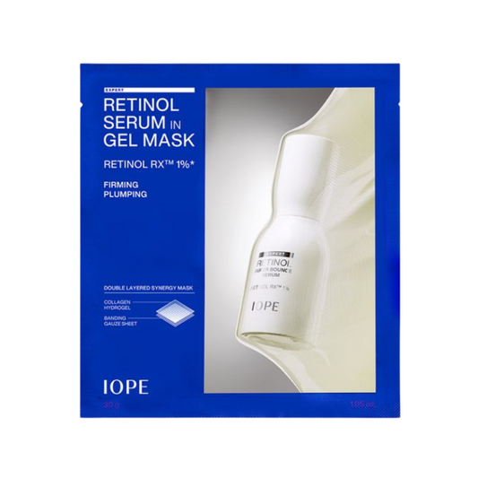 IOPE Retinol Serum in Gel Mask packaging with blue border and product image.
