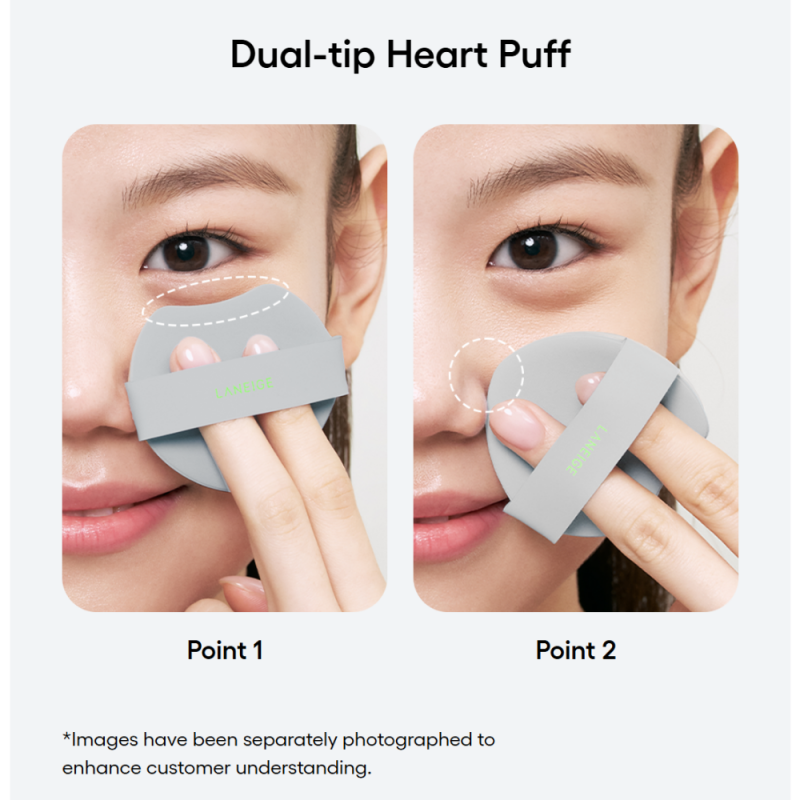 Dual-tip heart puff being used on a person's face with labeled points for demonstration.
