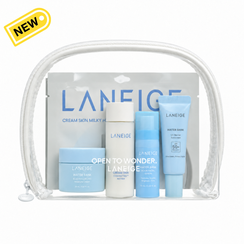 LANEIGE travel skincare kit with Cream Skin, Water Bank minis, sheet mask, and clear zippered pouch