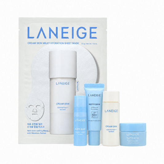 LANEIGE travel skincare kit with Cream Skin, Water Bank minis, sheet mask, and clear zippered pouch